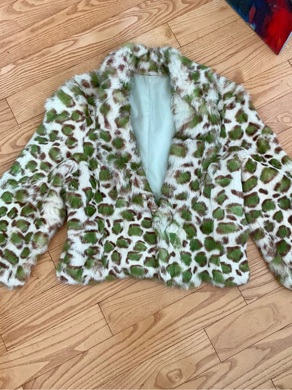Green and White  rabbit Fur Leopard Print Jacket